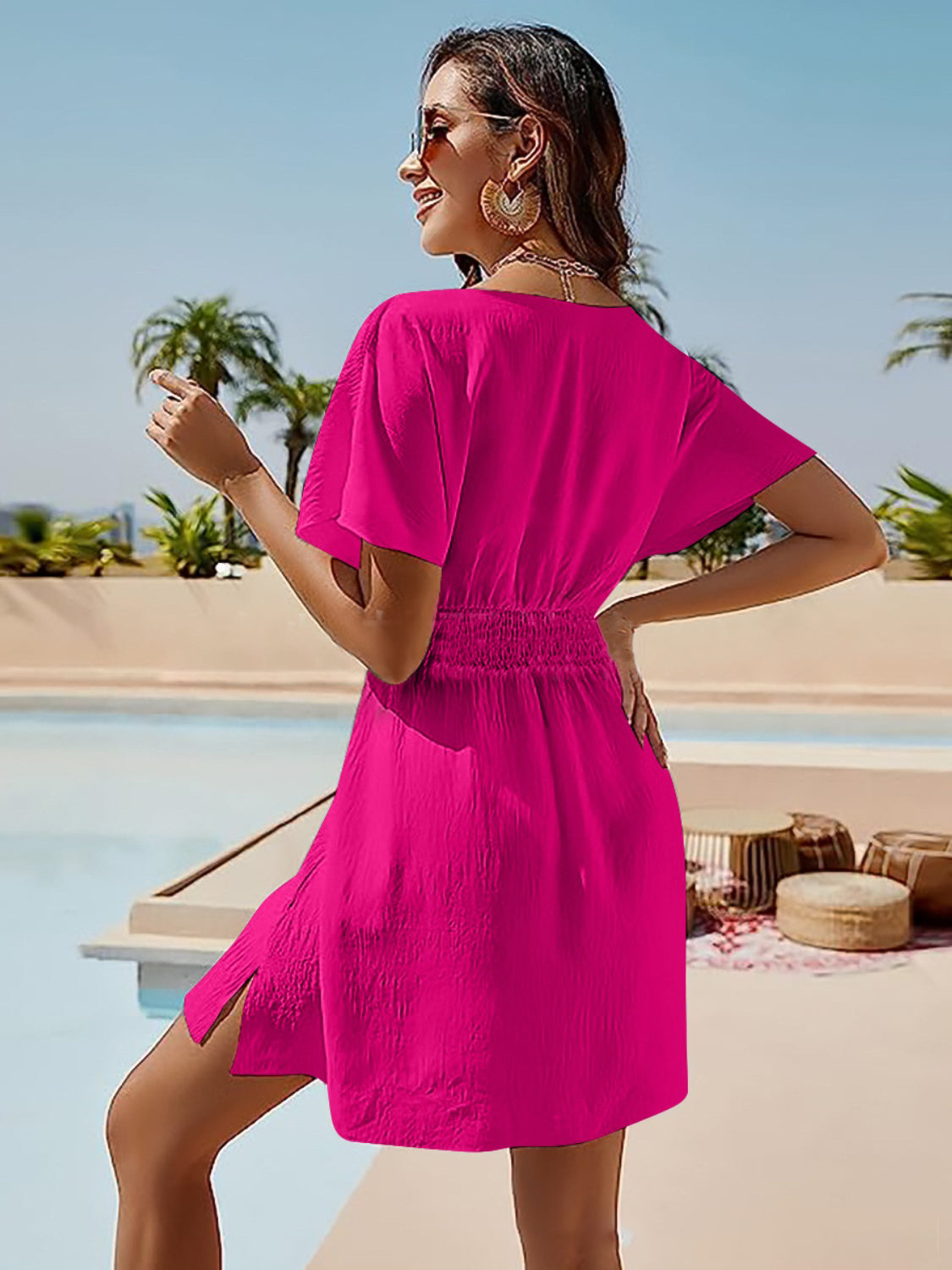 Smocked V-Neck Short Sleeve Dress - store name